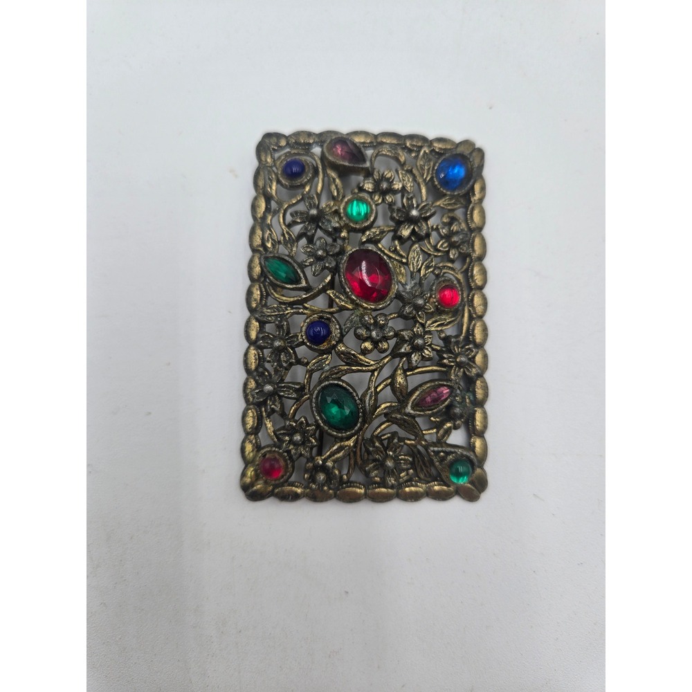 Vintage Antique Style Floral Filigree Brooch Multi Color Rhinestone Brass Tone